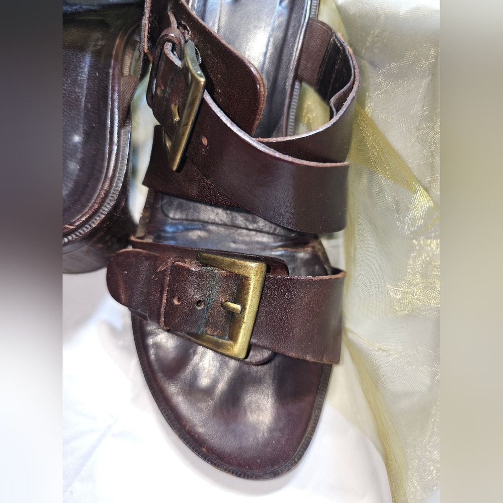 1997  Donald J Pliner Espresso Leather Strappy Block-Heel Sandals – Size 8.5M - Picture 2 of 12